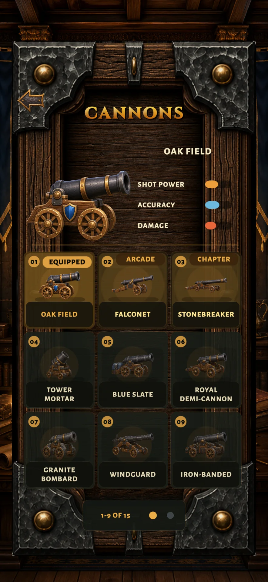 Current Siege Winds cannon collection showing several unlockable artillery pieces.