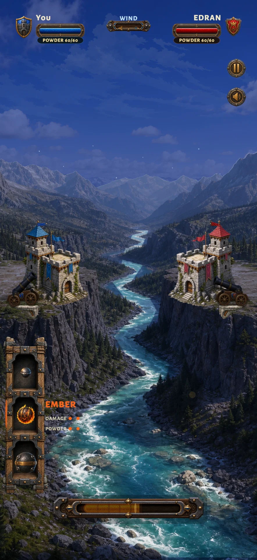 Current Siege Winds mobile gameplay showing two alpine keeps and the artillery controls.