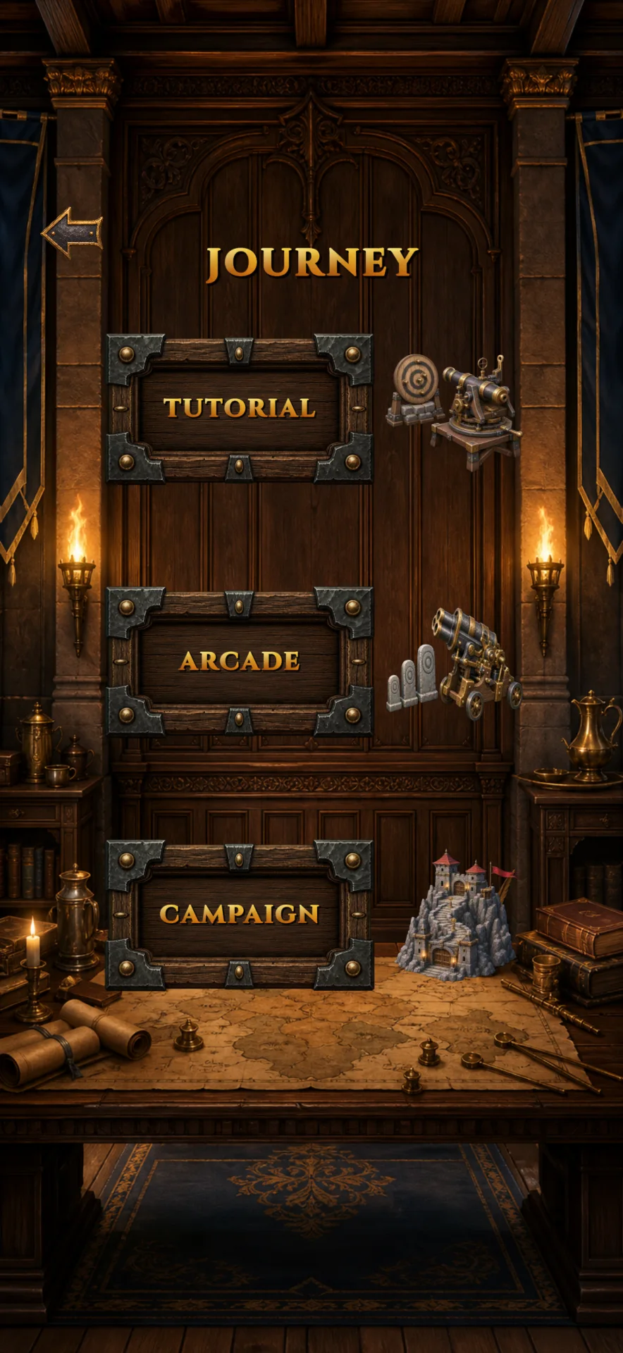 Current Siege Winds journey selection with tutorial, arcade, and campaign routes.