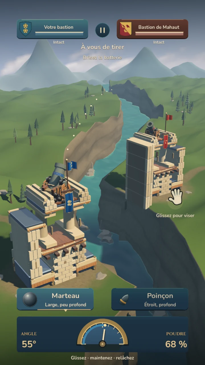 Actual Siege Winds V2 duel in French with aiming and powder controls